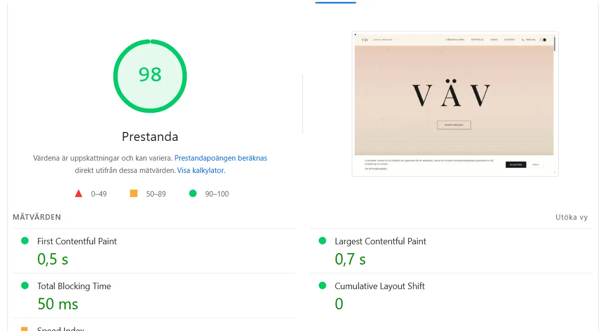 Google PageSpeed Insights resultat